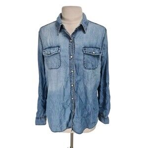 Style & Co Women Button Up Chambray Sun Wash Blue Size L Slim Fit Long SL 322P